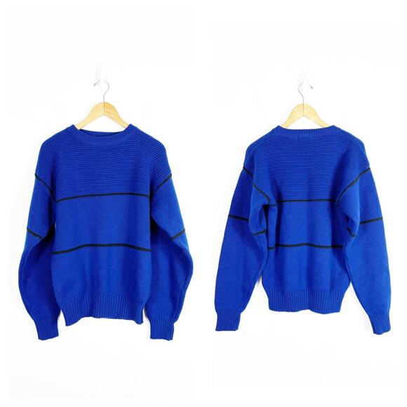 Vintage Yves Saint Laurent Men’s Sweater Medium 100% Wool Crewneck Blue Stripe